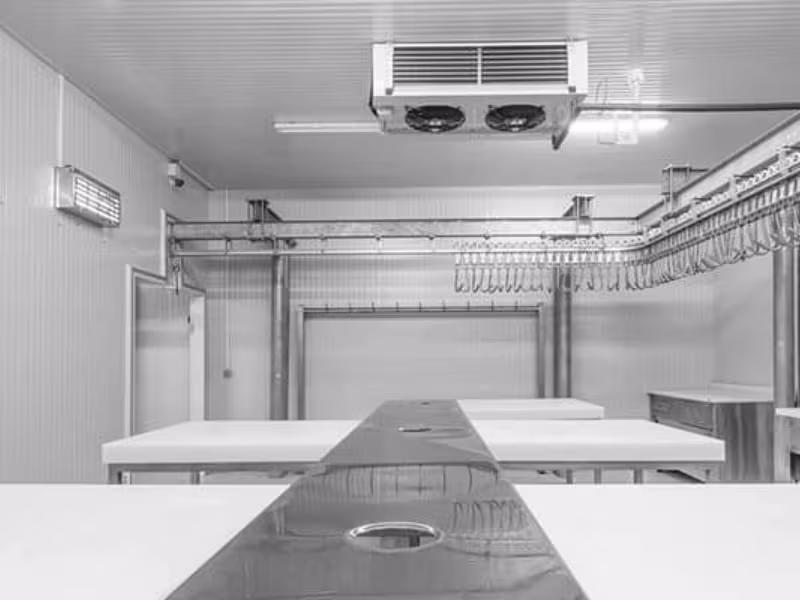 Interior of a walk-in freezer with frosted goods